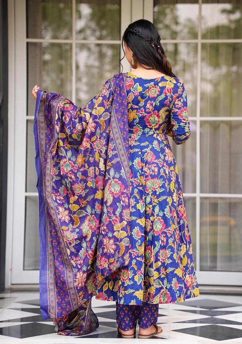 Blue Floral Print Rayon Kurta Set - Indya