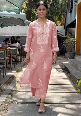 Peach Embroidery Rayon Kurta Set