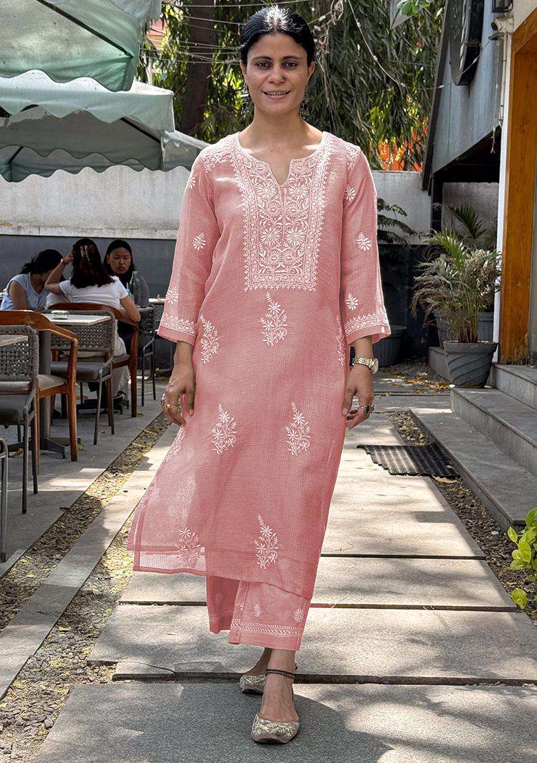 Peach Chikankari Rayon Straight Kurta Set - Indya