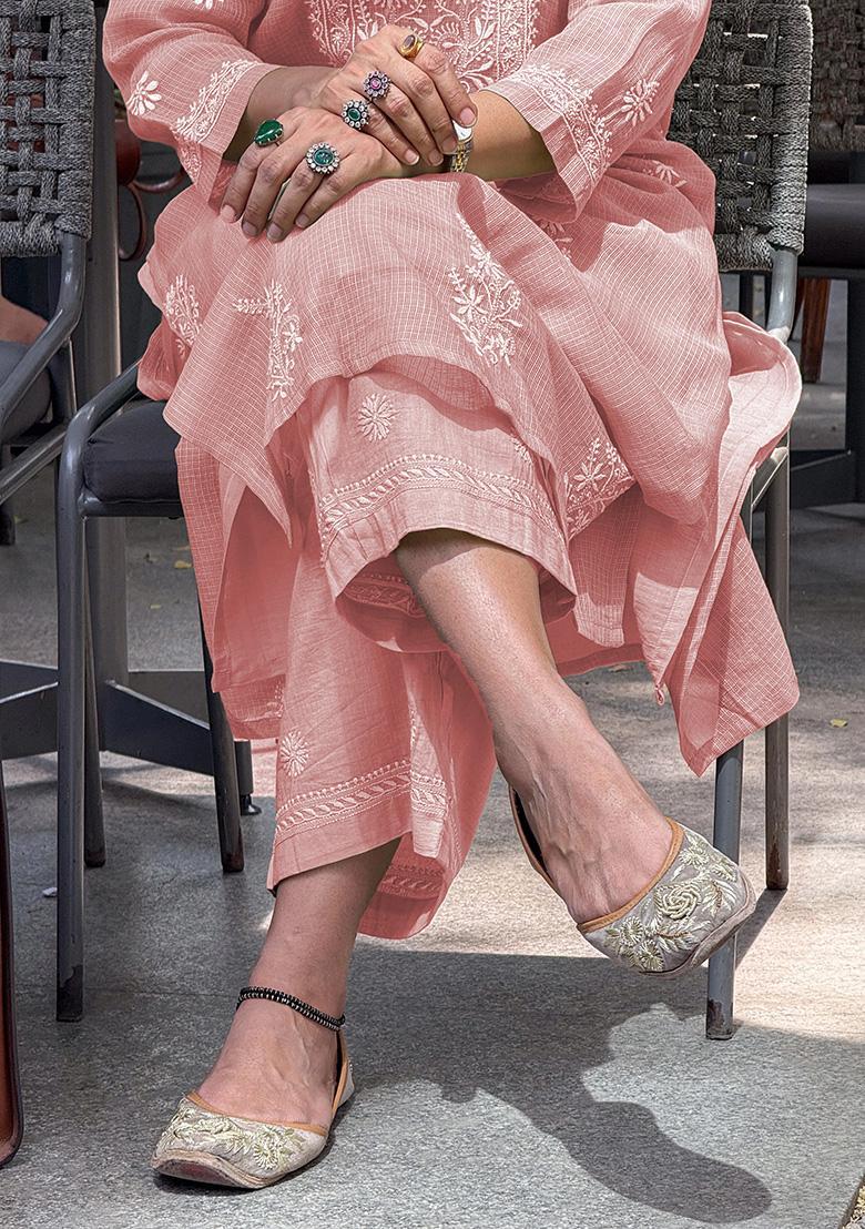 Peach Embroidery Rayon Kurta Set - Indya