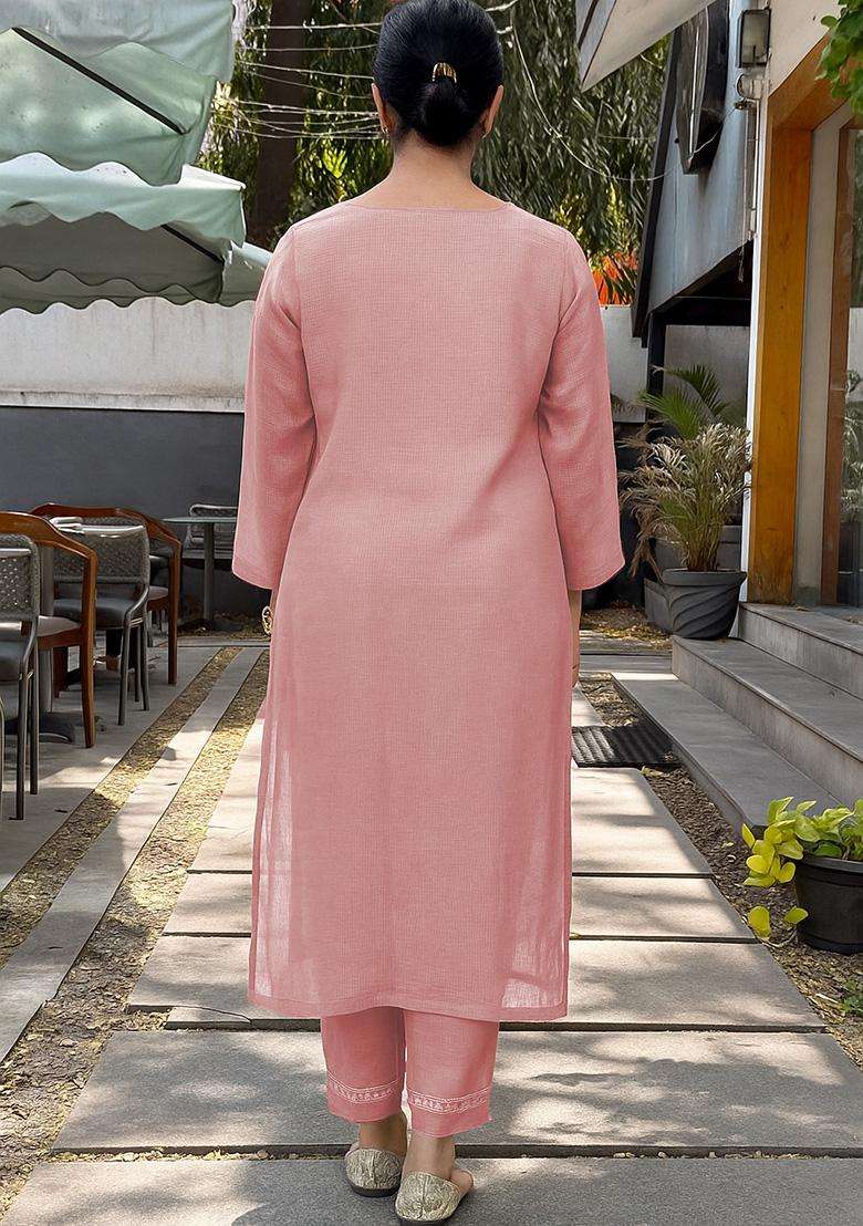 Peach Chikankari Rayon Straight Kurta Set - Indya