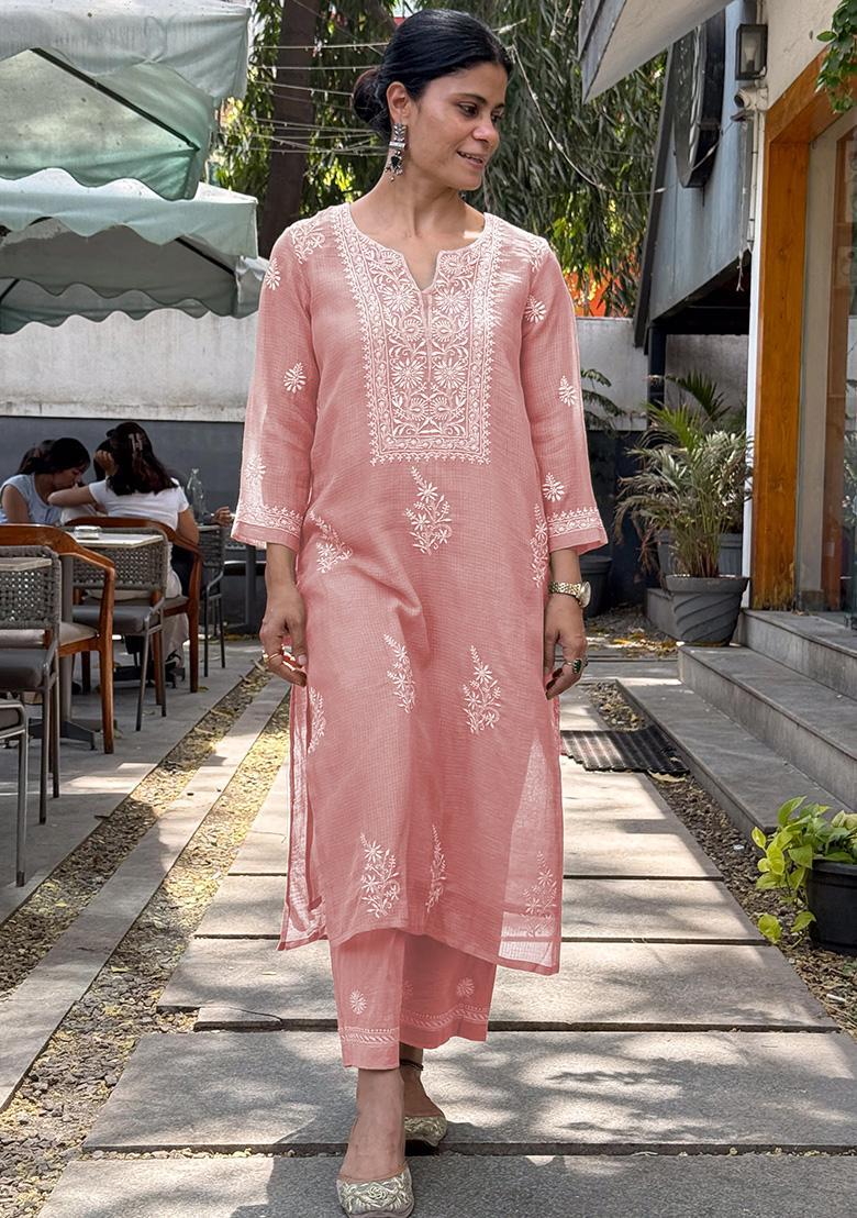 Peach Embroidery Rayon Kurta Set - Indya