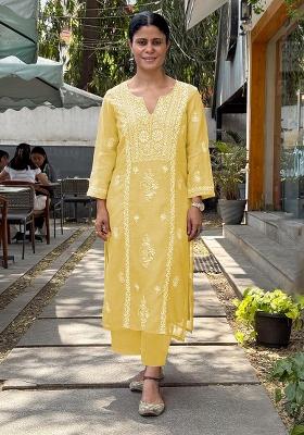 Light Yellow Embroidery Rayon Kurta Set