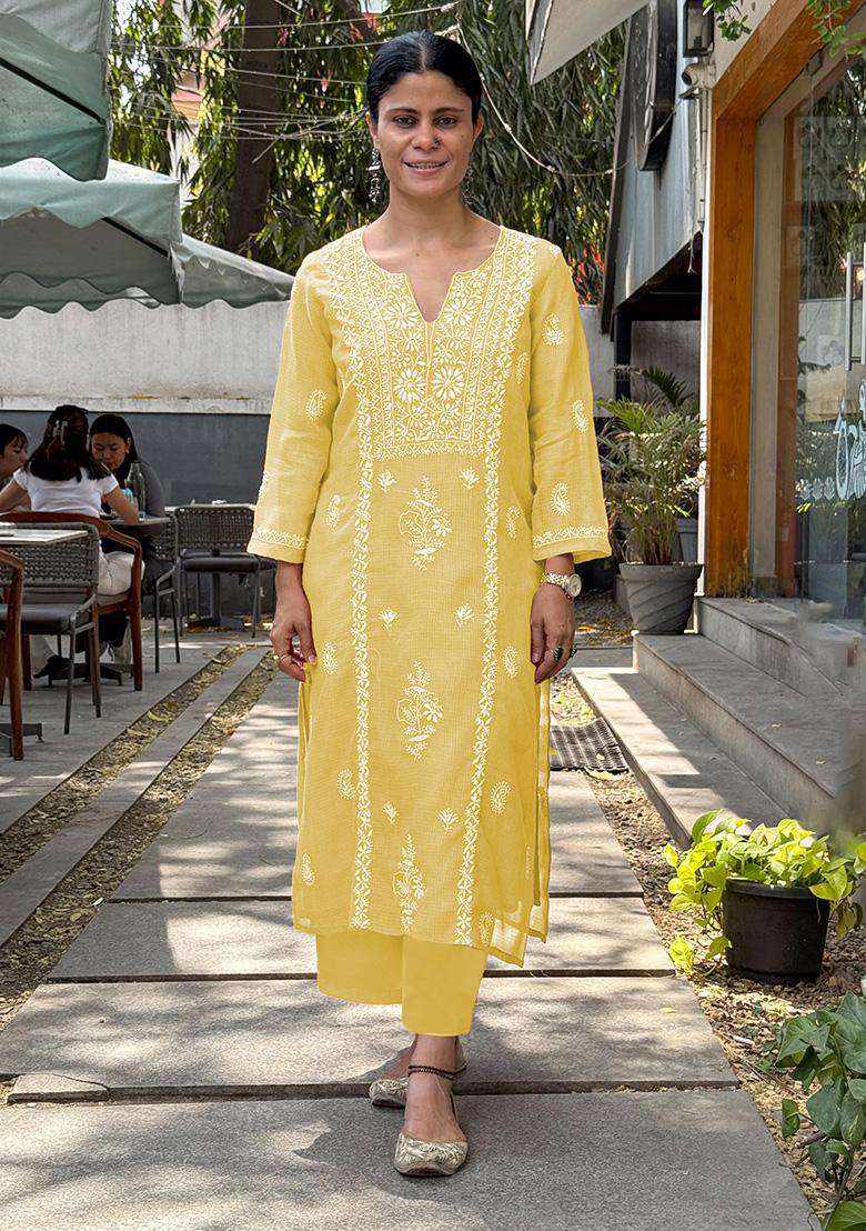 Light Yellow Chikankari Rayon Straight Kurta Set - Indya