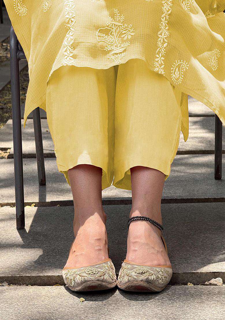 Light Yellow Chikankari Rayon Straight Kurta Set - Indya