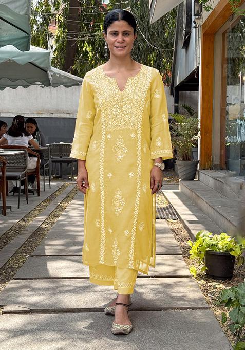 Light Yellow Embroidery Rayon Kurta Set