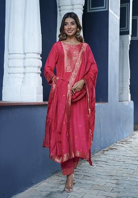 Pink Embroidered Rayon Straight Kurta Set