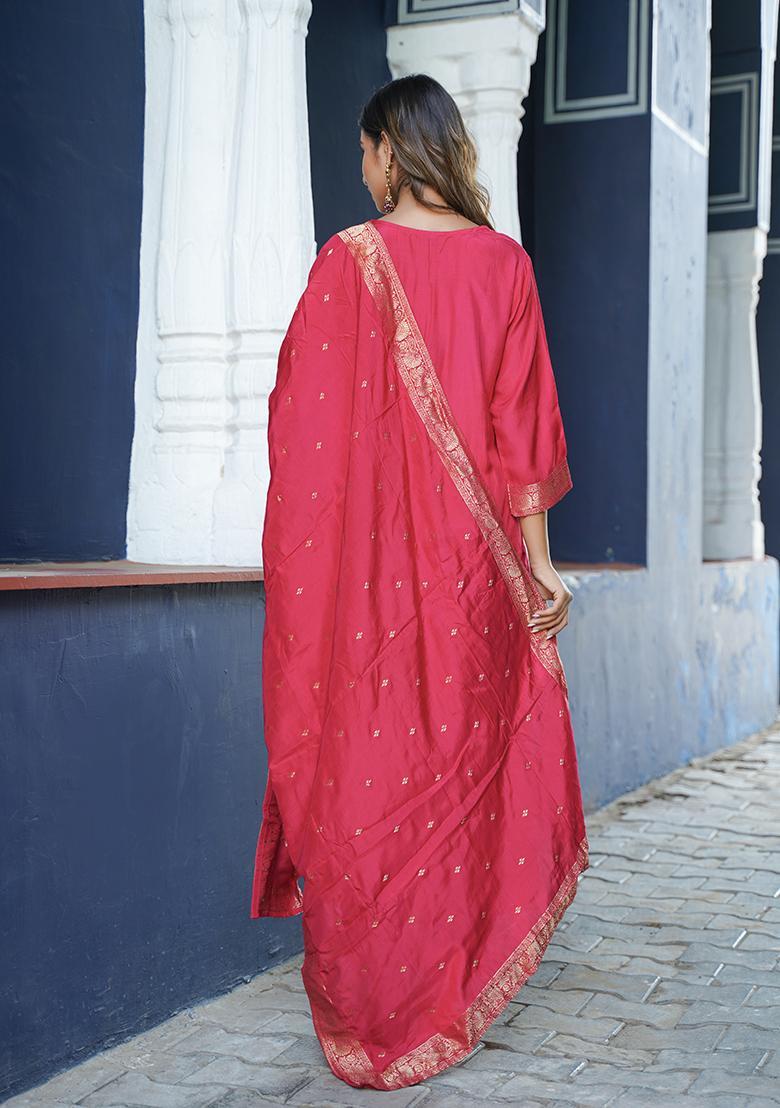 Pink Jacquard Woven Design Rayon Kurta Set - Indya