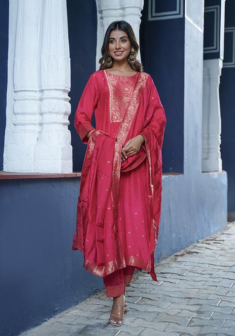 Pink Jacquard Woven Design Rayon Kurta Set