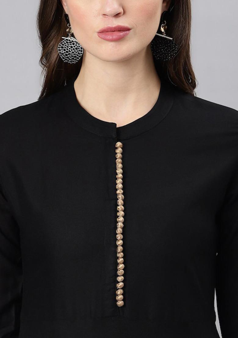 Black Foil Work Rayon Kurta Set - Indya