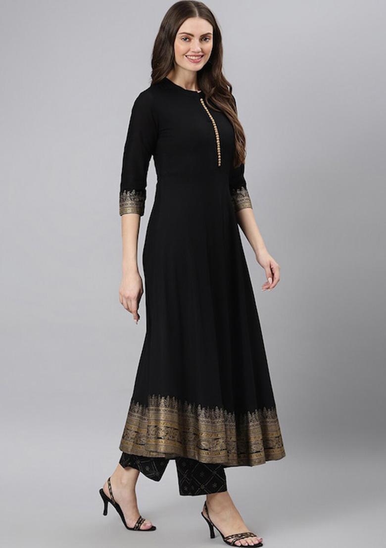 Black Foil Work Rayon Kurta Set - Indya