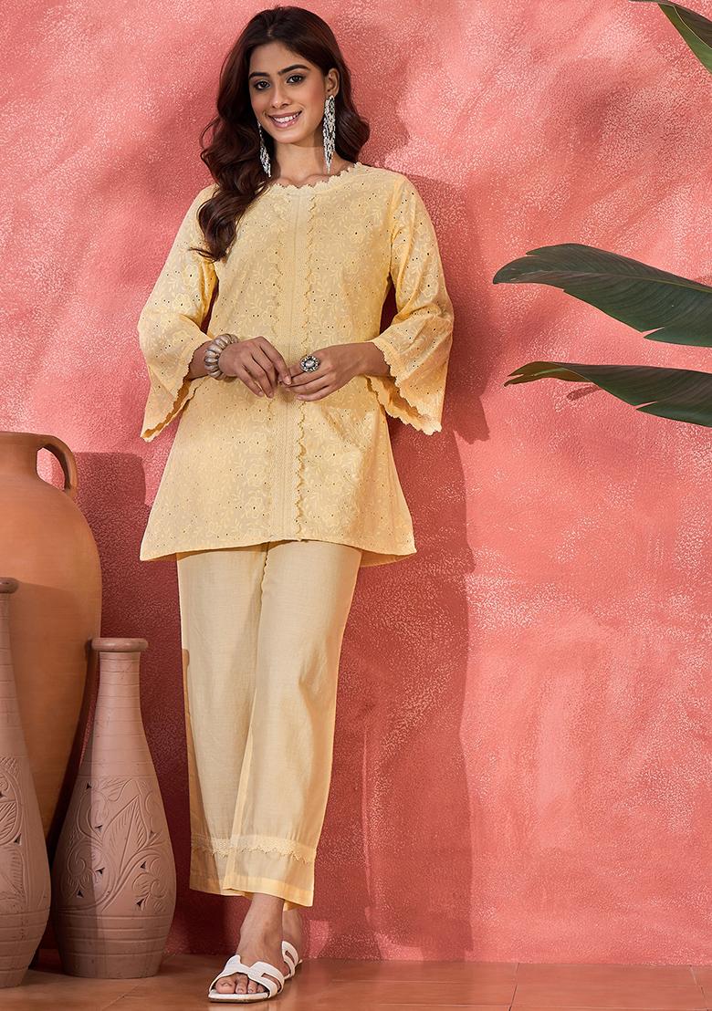 Cream Embroidery Cotton Kurta Set - Indya