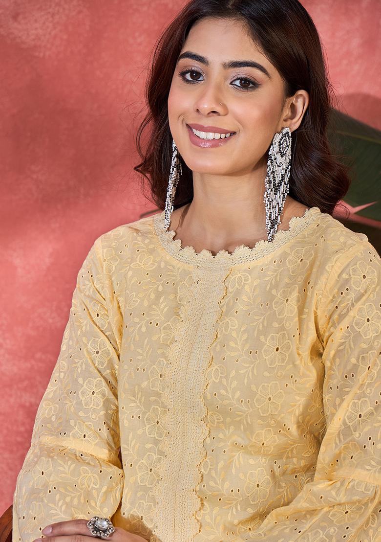 Cream Embroidery Cotton Kurta Set - Indya