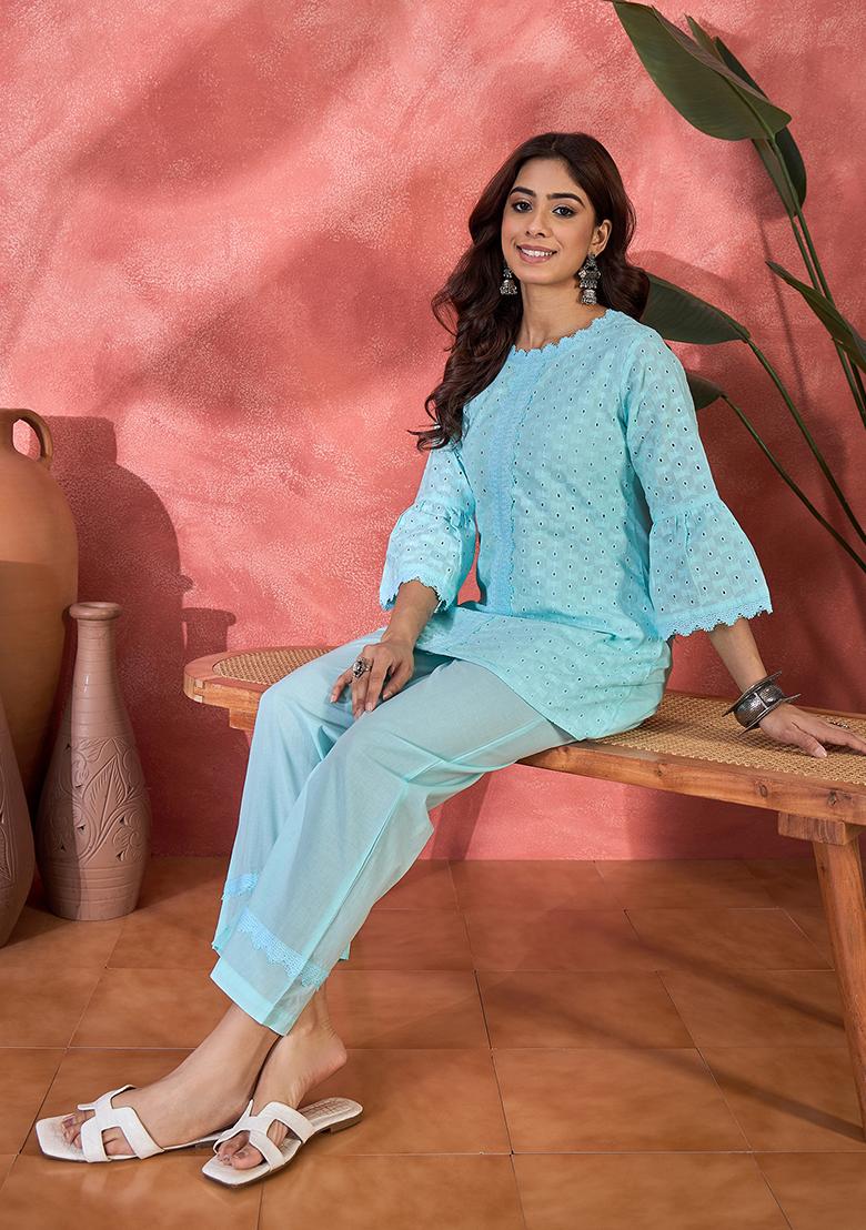 Sky Blue Embroidery Cotton Kurta Set - Indya