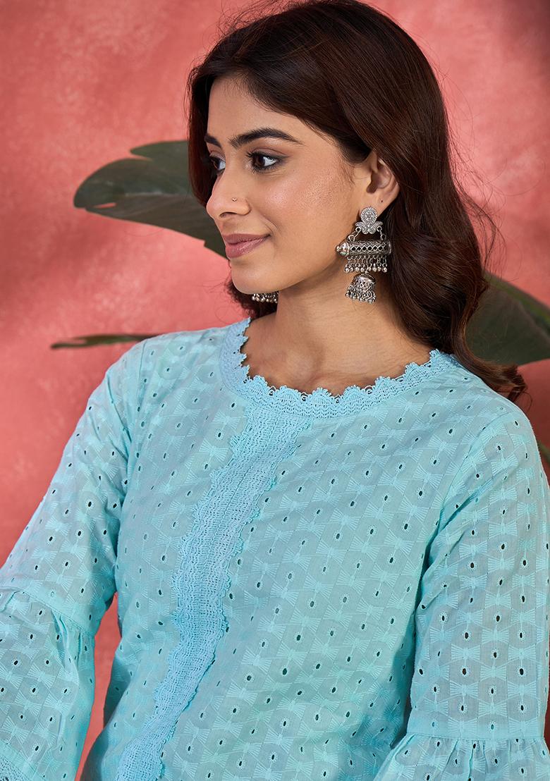 Sky Blue Embroidery Cotton Kurta Set - Indya
