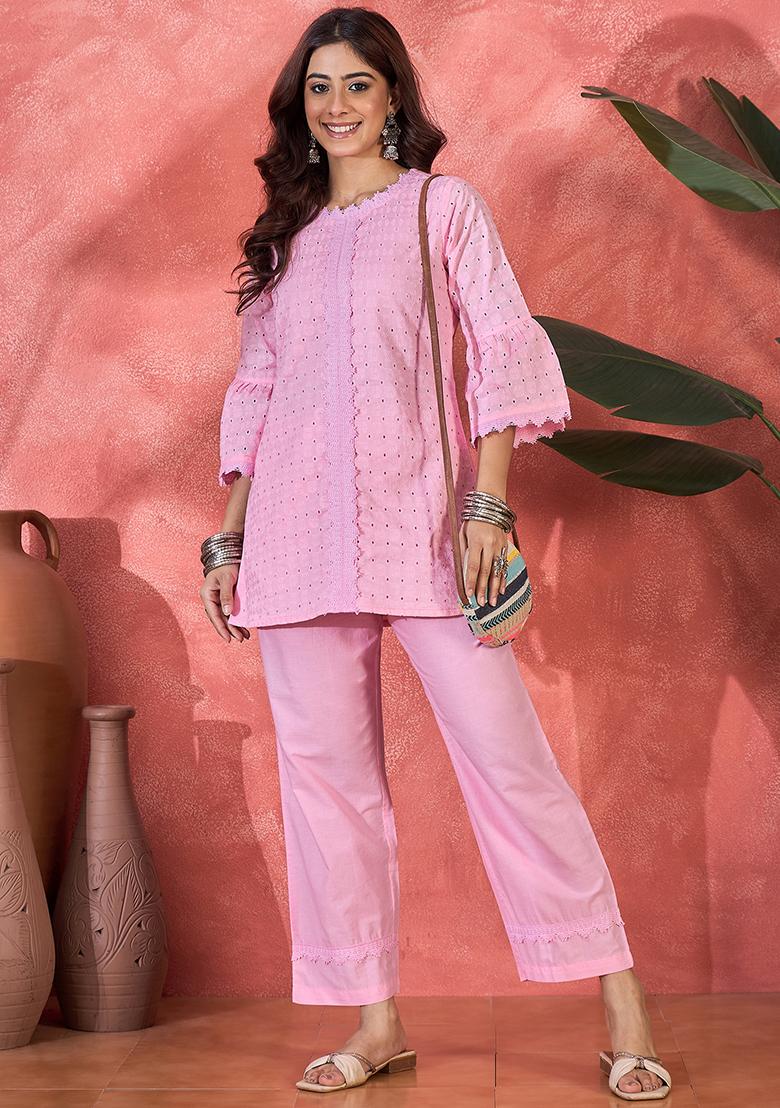 Pink Embroidery Cotton Kurta Set - Indya