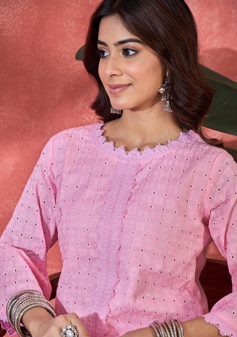 Pink Embroidery Cotton Kurta Set - Indya