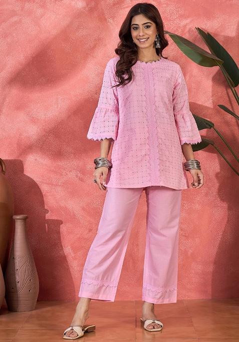 Pink Embroidery Cotton Kurta Set