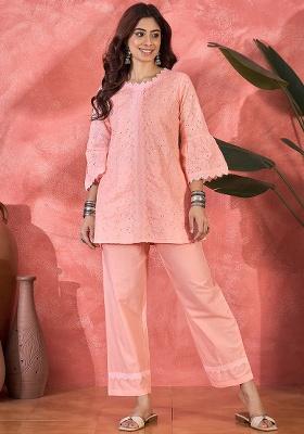 Peach Embroidery Cotton Kurta Set