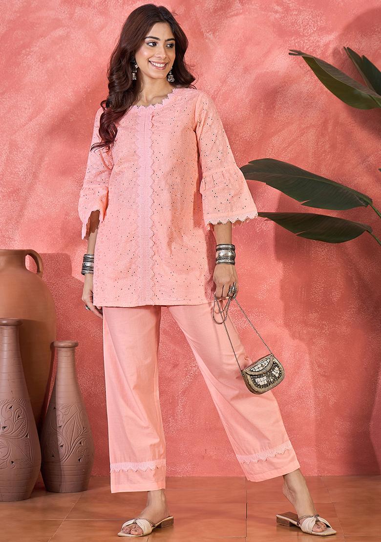 Peach Embroidery Cotton Kurta Set - Indya