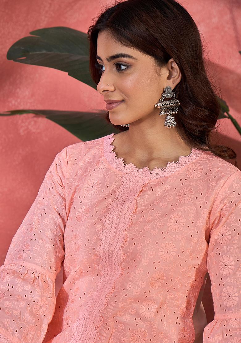 Peach Embroidery Cotton Kurta Set - Indya