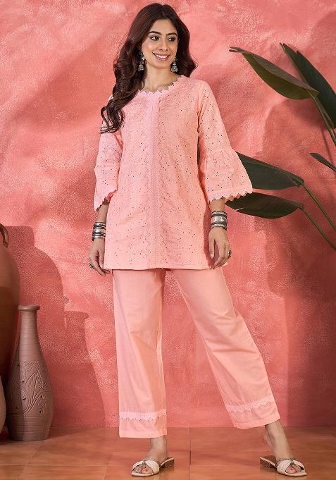 Peach Embroidery Cotton Kurta Set