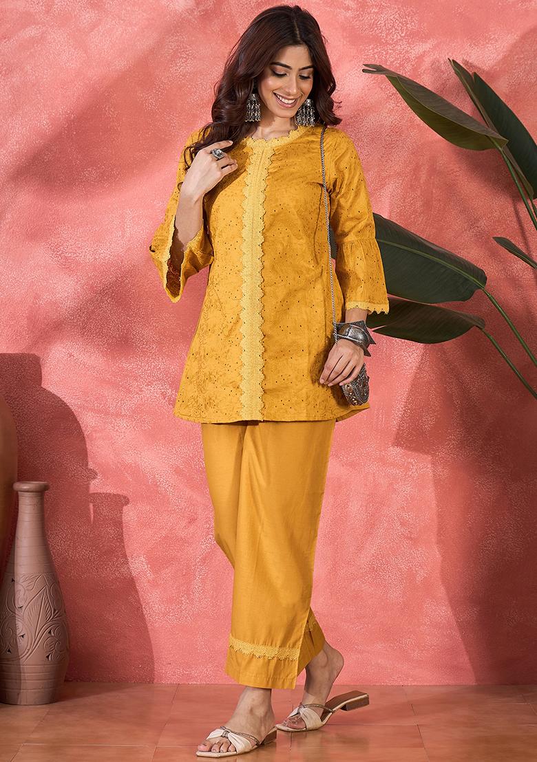 Mustard Embroidery Cotton Kurta Set - Indya