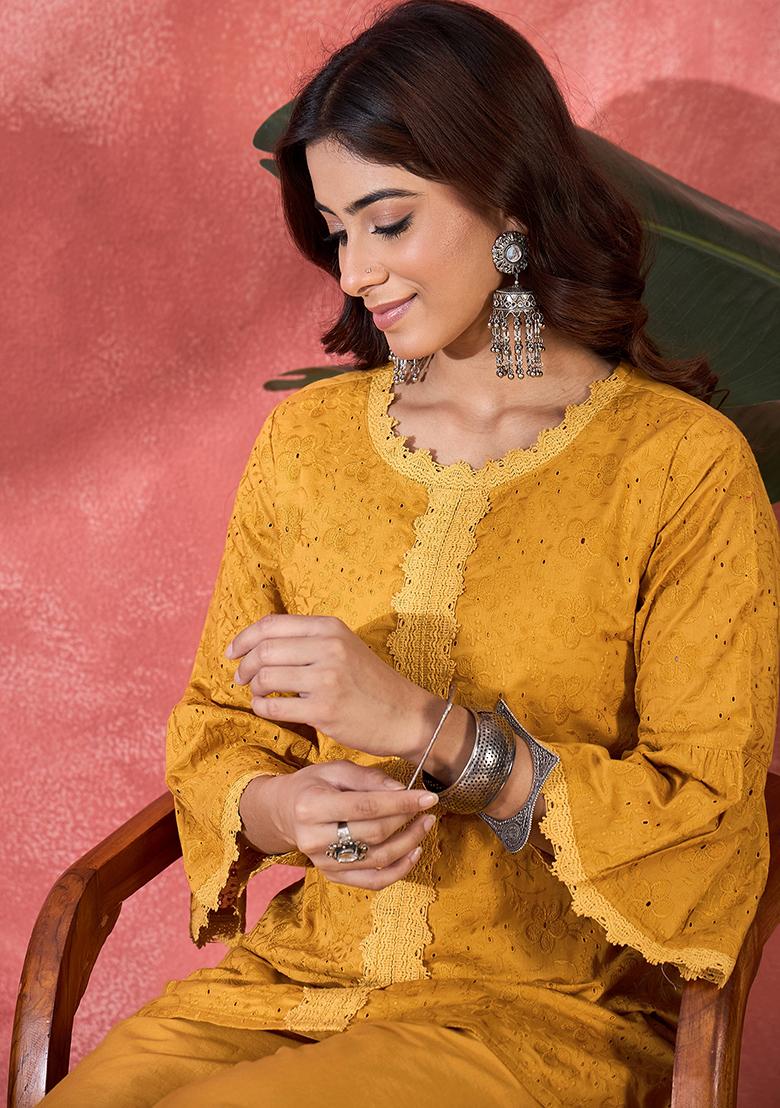 Mustard Embroidery Cotton Kurta Set - Indya