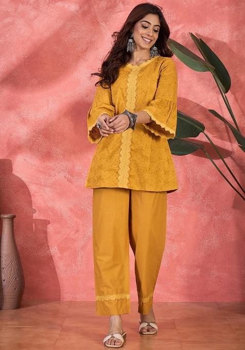 Mustard Embroidery Cotton Kurta Set