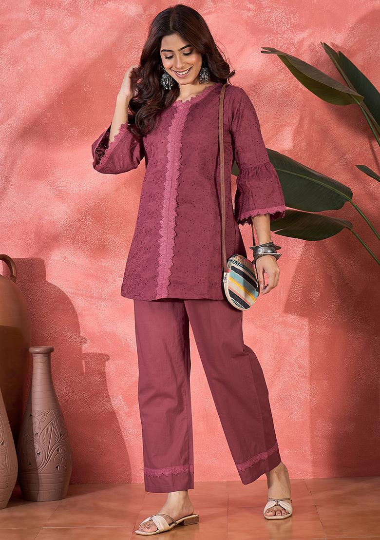 Maroon Embroidery Cotton Kurta Set - Indya
