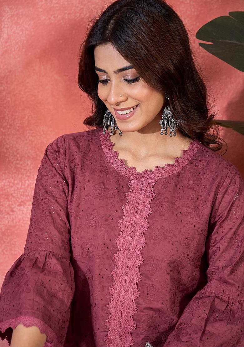 Maroon Embroidery Cotton Kurta Set - Indya