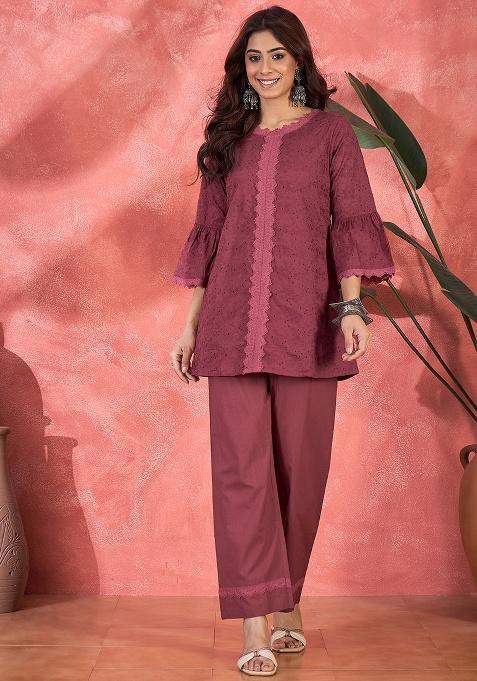 Maroon Embroidery Cotton Kurta Set