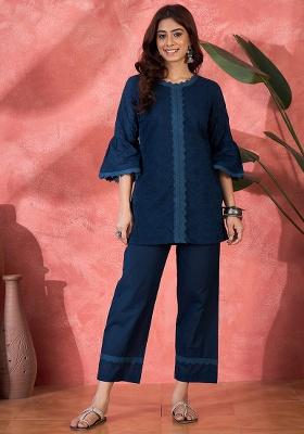 Navy Blue Embroidery Cotton Kurta Set