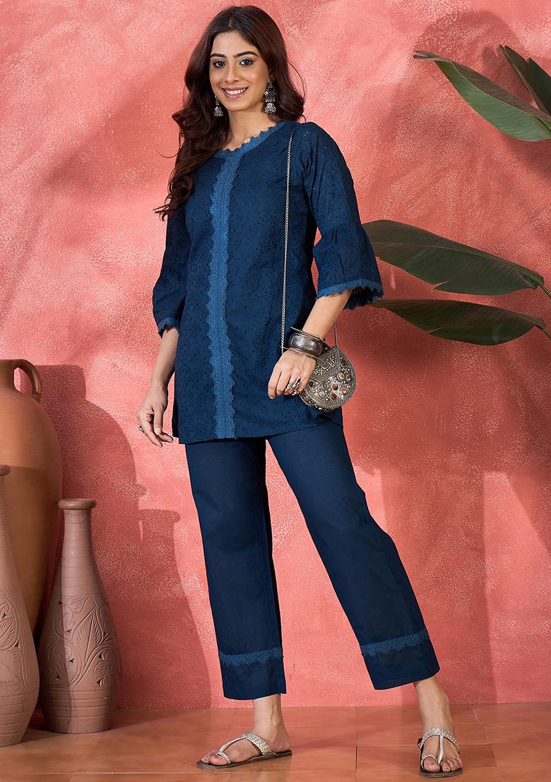 Navy Blue Embroidery Cotton Kurta Set - Indya