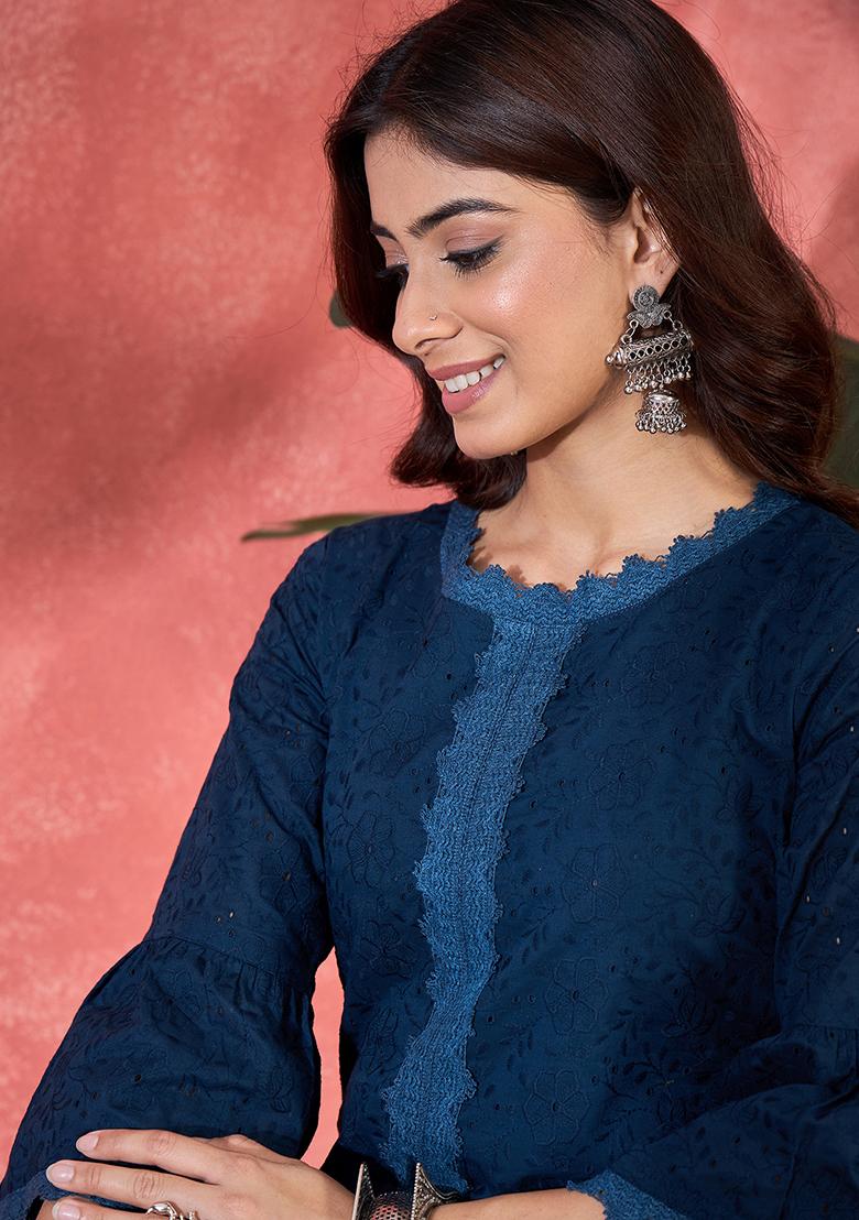 Navy Blue Embroidery Cotton Kurta Set - Indya