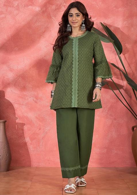 Green Embroidery Cotton Kurta Set