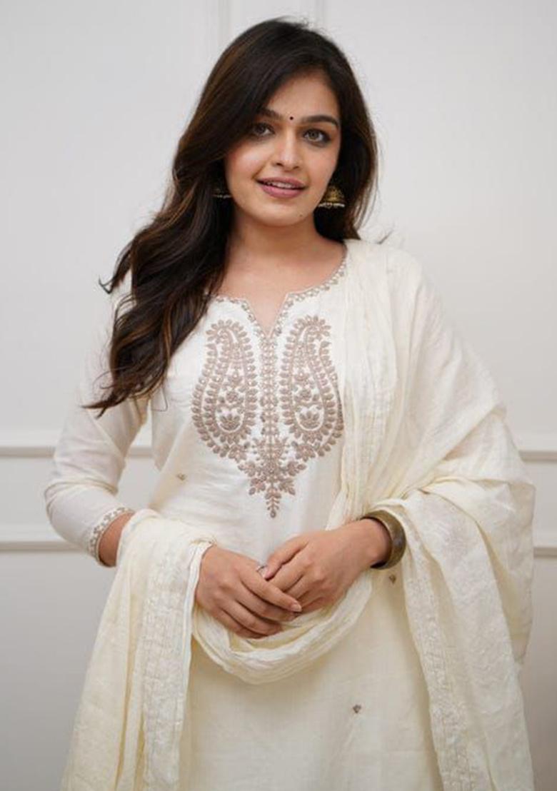 White Embroidery Cotton Kurta Set - Indya