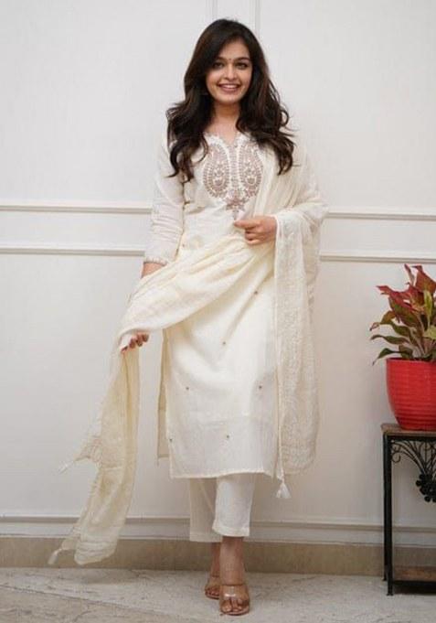 White Embroidery Cotton Kurta Set