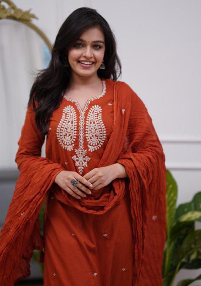Orange Embroidery Cotton Kurta Set - Indya