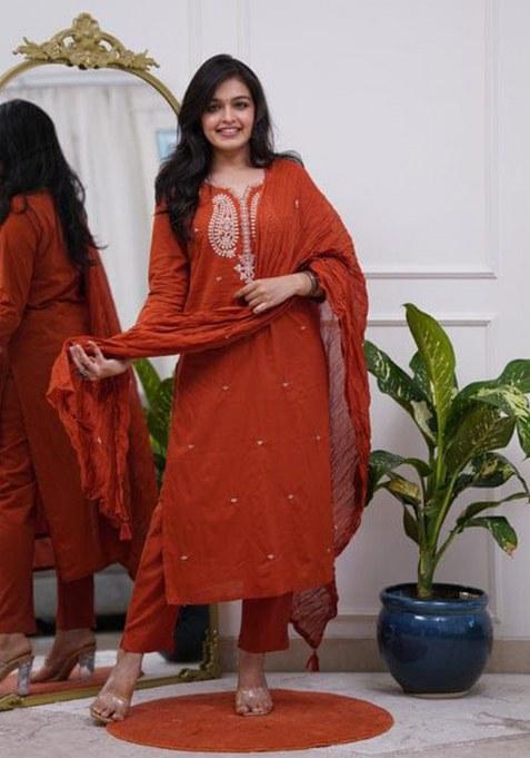 Orange Embroidery Cotton Kurta Set