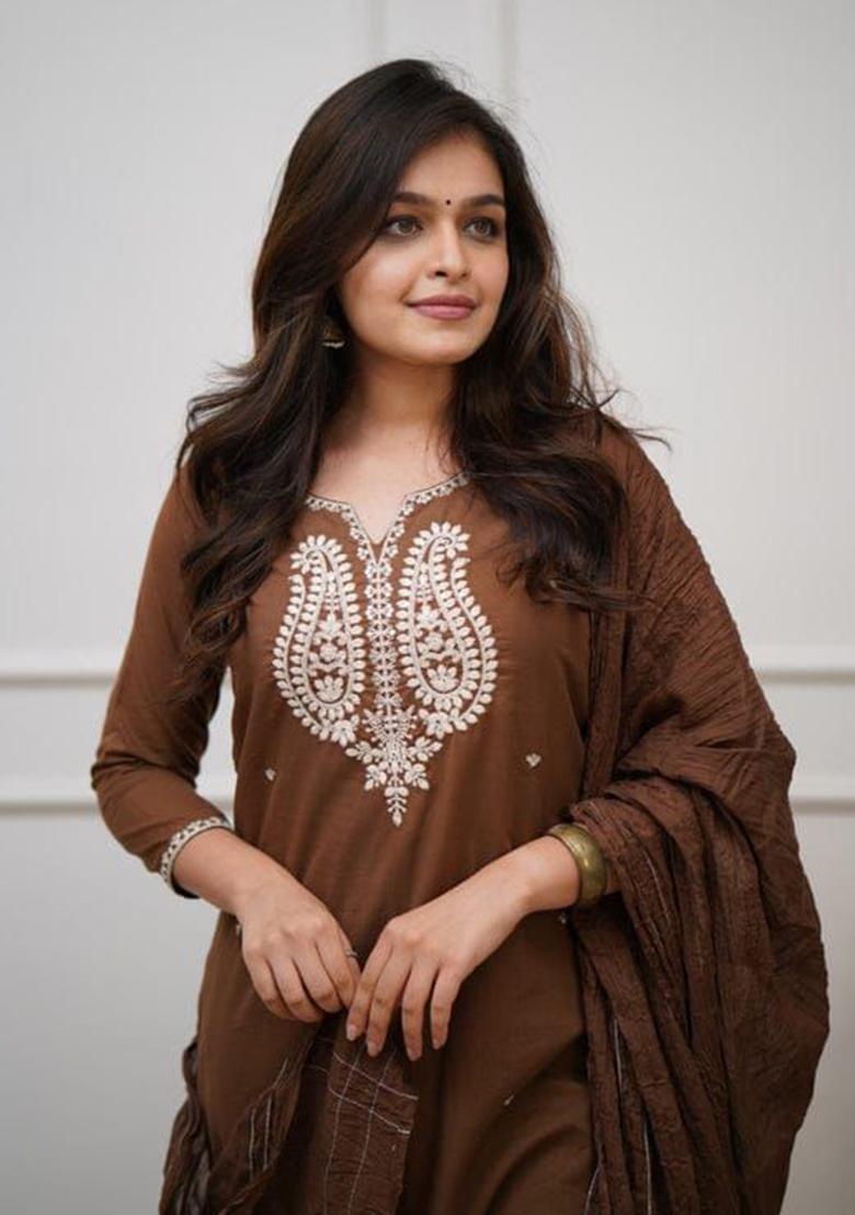 Brown Embroidery Cotton Kurta Set - Indya