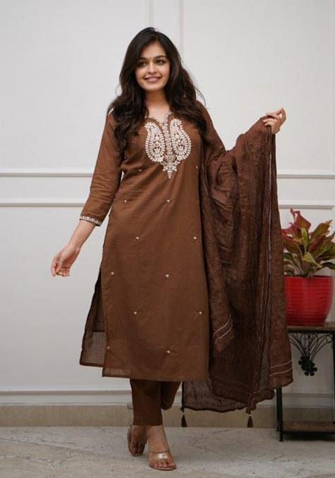 Brown Embroidery Cotton Kurta Set