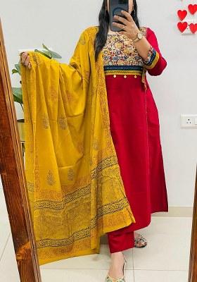 Red Printed Cotton Kurta Set