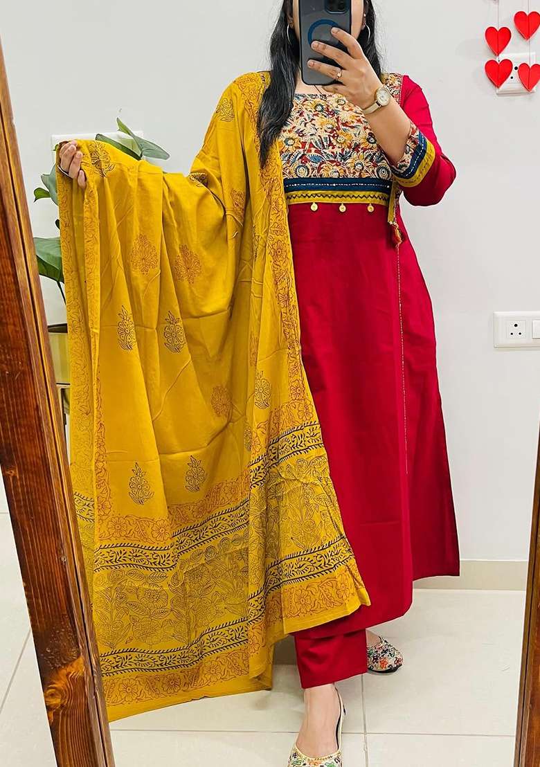 Red Printed Cotton Kurta Set - Indya