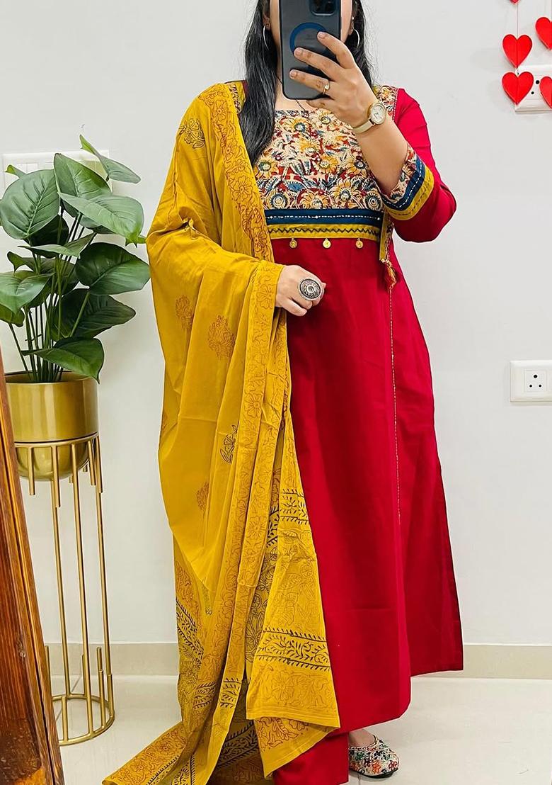 Red Printed Cotton Kurta Set - Indya