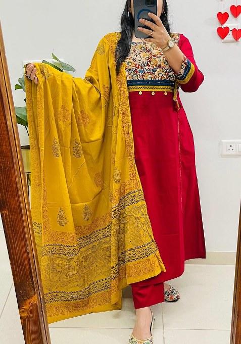 Red Printed Cotton Kurta Set