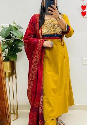 Dark Yellow Printed Cotton Kurta Set