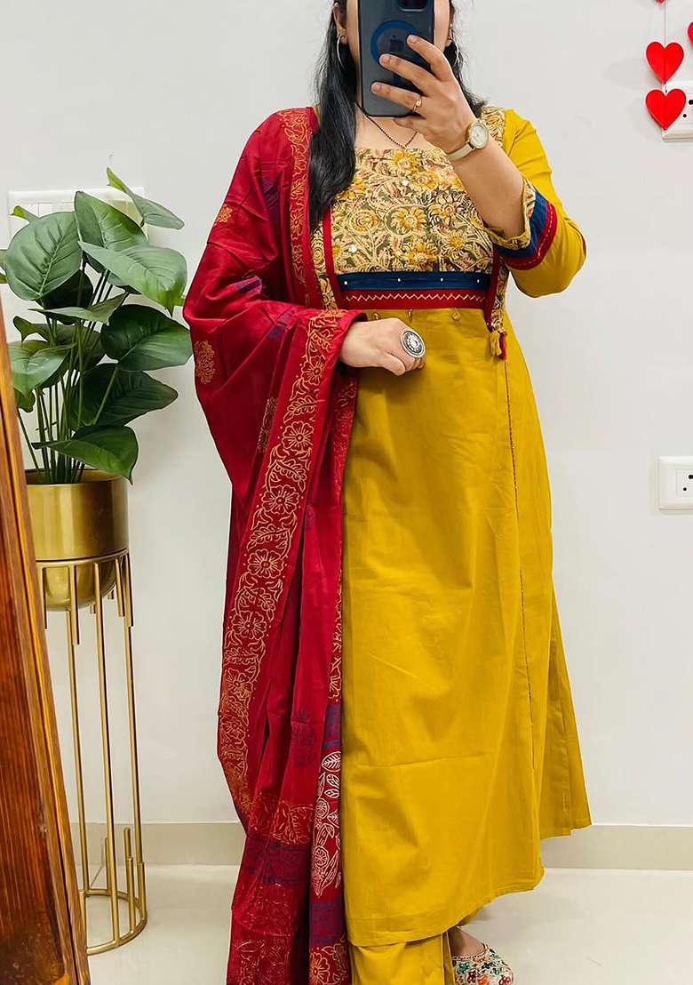 Dark Yellow Printed Cotton Kurta Set - Indya