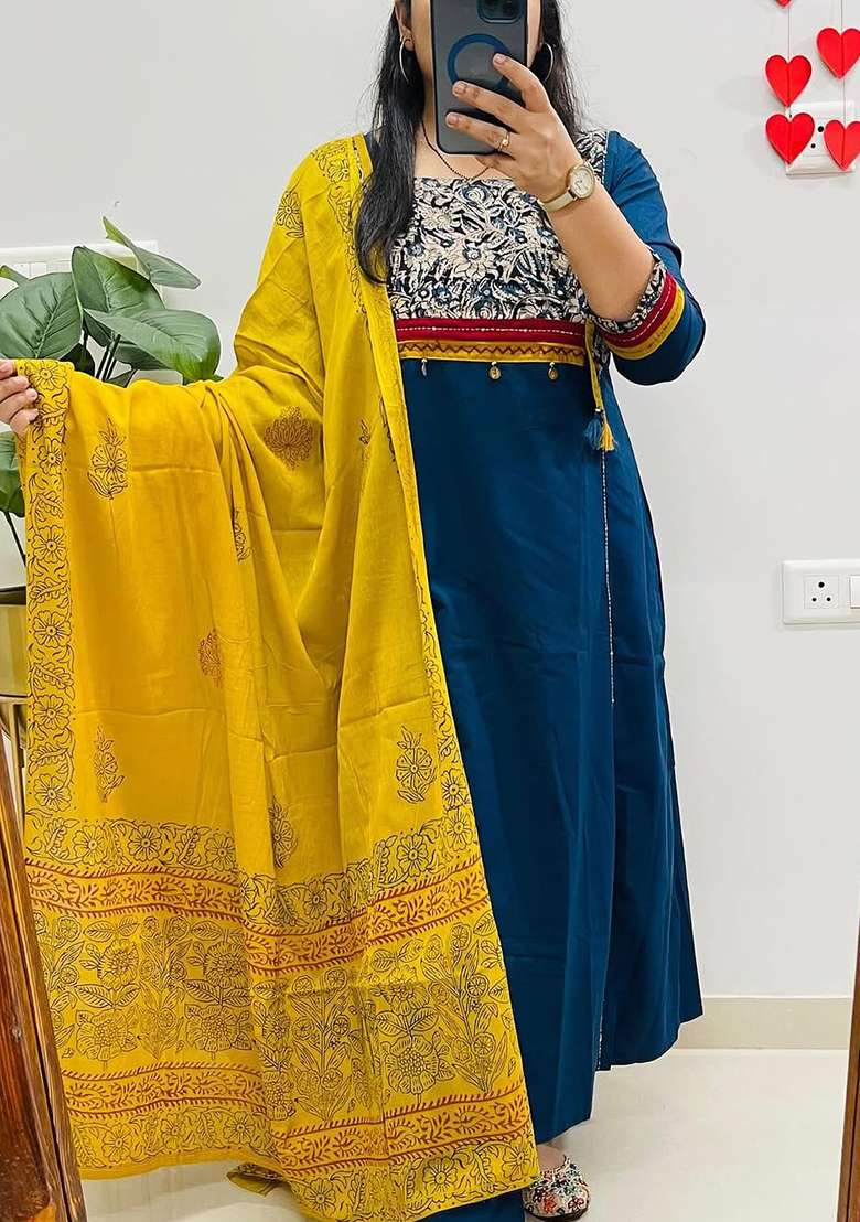 Blue Printed Cotton Kurta Set - Indya