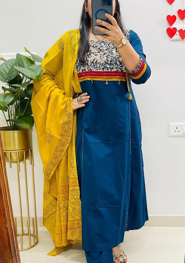 Blue Printed Cotton Kurta Set - Indya